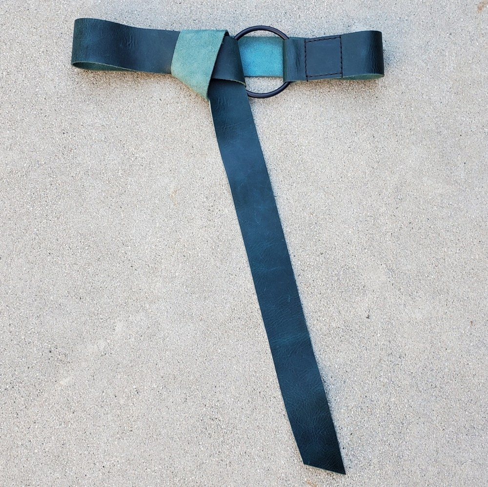 Unique Handmade/Sewn Turquoise BELT w/ Ring Tie in Vegetable Tanned Leather